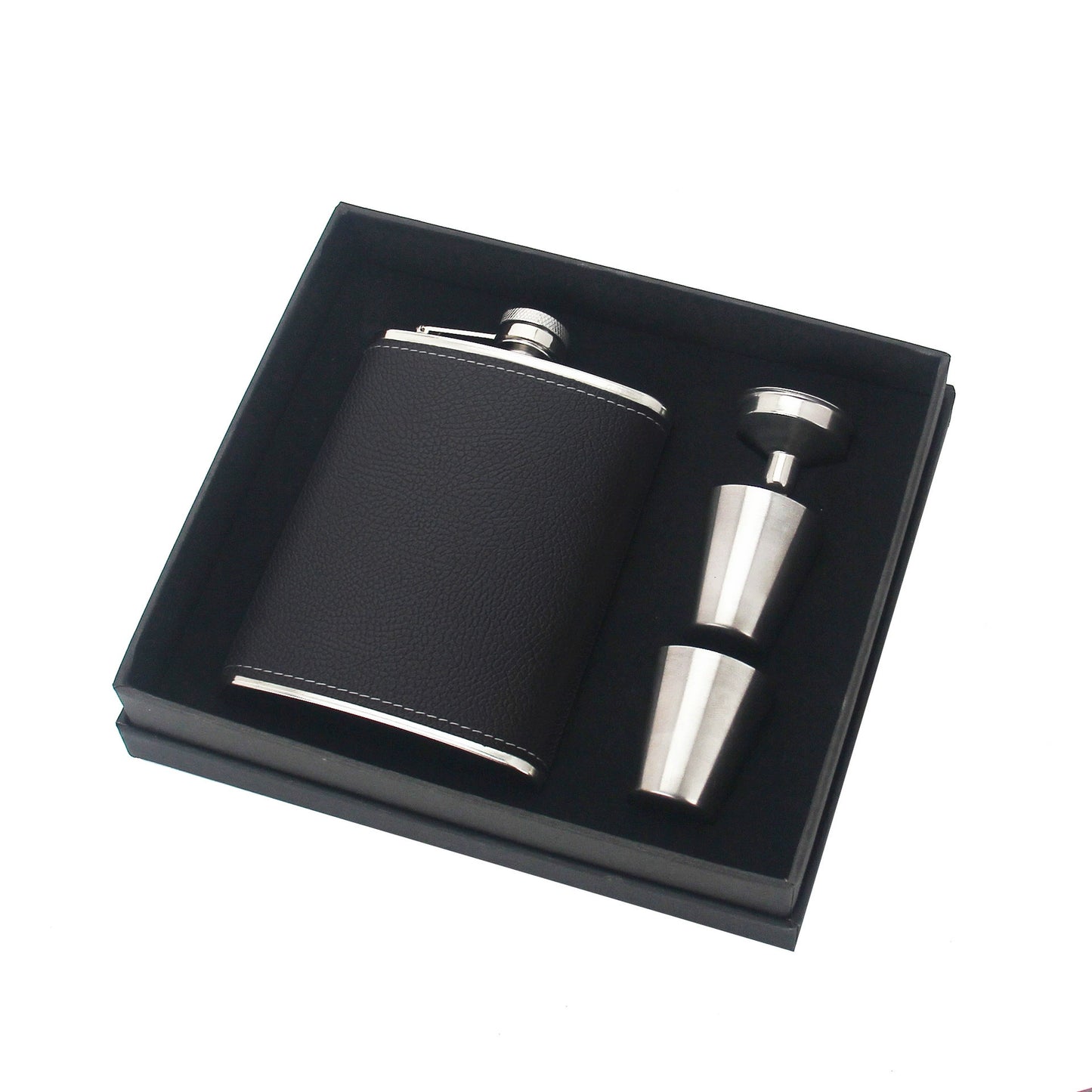 Black Leather covered stainless steel Hip Flask Gift Set