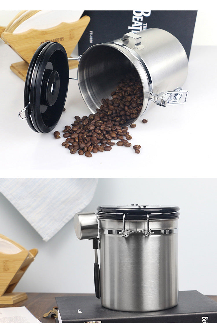 Stainless Steel Airtight Coffee Bean Storage with Spoon - 1.2L Silver