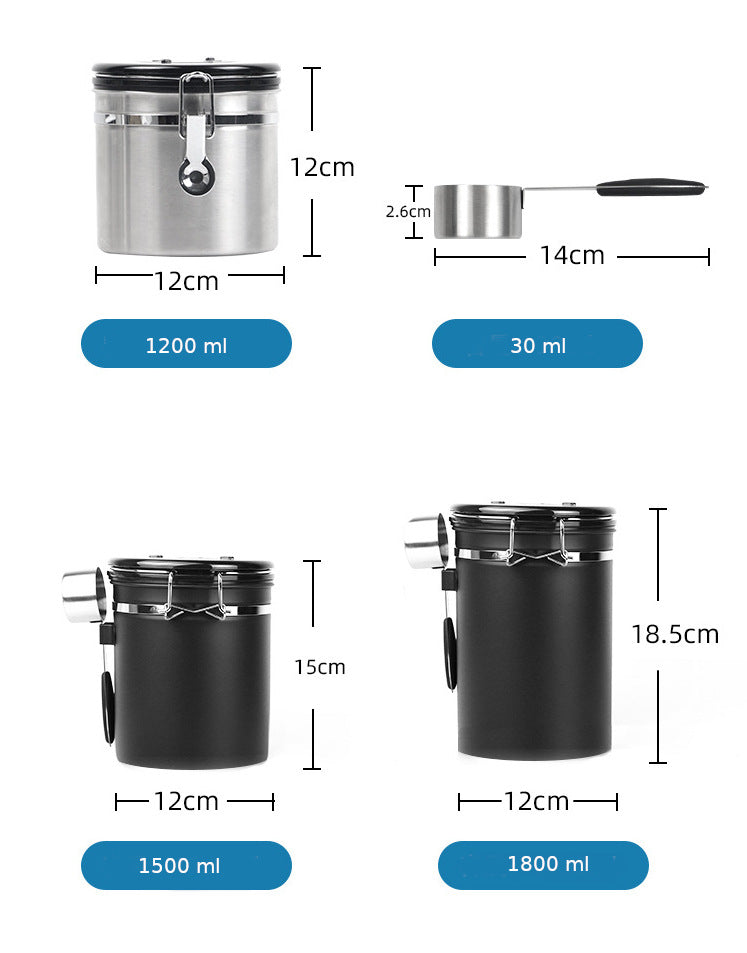 Stainless Steel Airtight Coffee Bean Storage with Spoon - 1.2L Silver