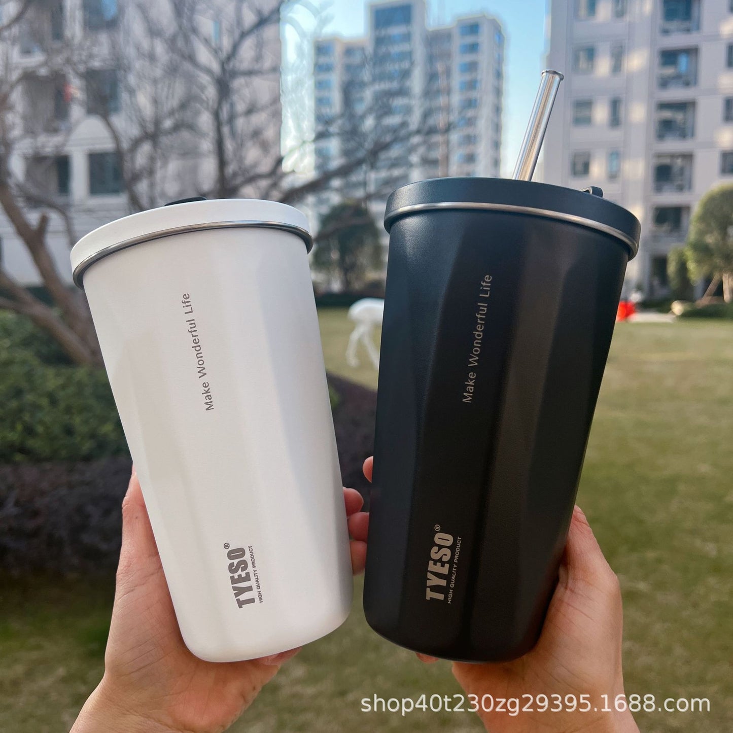 600ML Insulated Coffee Cup with Straw Stainless Steel Double Wall Black