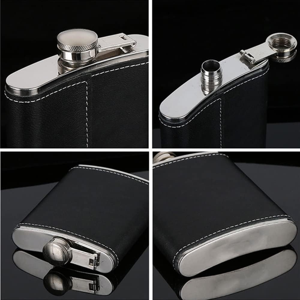 Black Leather covered stainless steel Hip Flask Gift Set