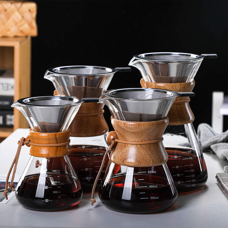 400ML Classic Glass Coffee Maker with Wooden Collar and Leather Strap