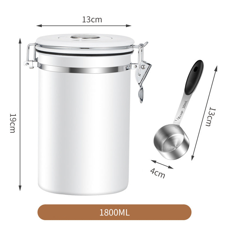 1.8L Coffee Container and Spoon Stainless Steel Airtight Coffee Bean Canister White