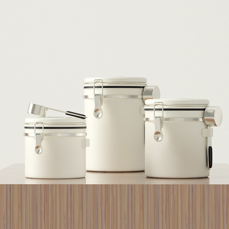 Stainless Steel Airtight Coffee Bean Storage with Spoon - 1.2L Beige