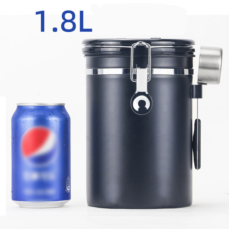 Black Airtight Coffee Bean Stainless Steel Storage with Spoon -1.8L