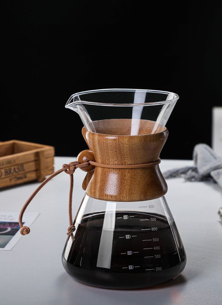 800ML Classic Glass Coffee Maker with Wooden Collar and Leather Strap