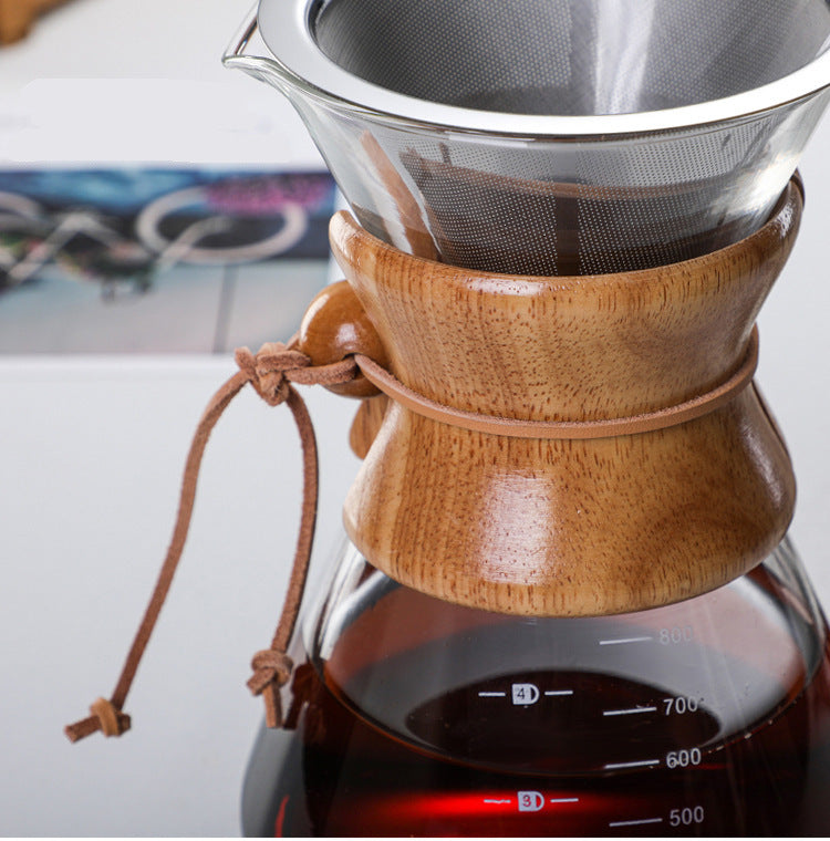 800ML Classic Glass Coffee Maker with Wooden Collar and Leather Strap