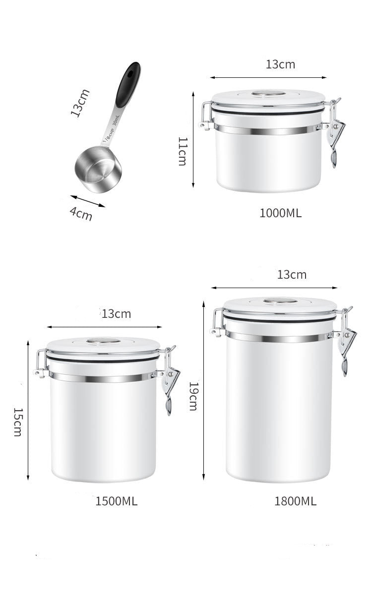 1.8L Coffee Container and Spoon Stainless Steel Airtight Coffee Bean Canister White