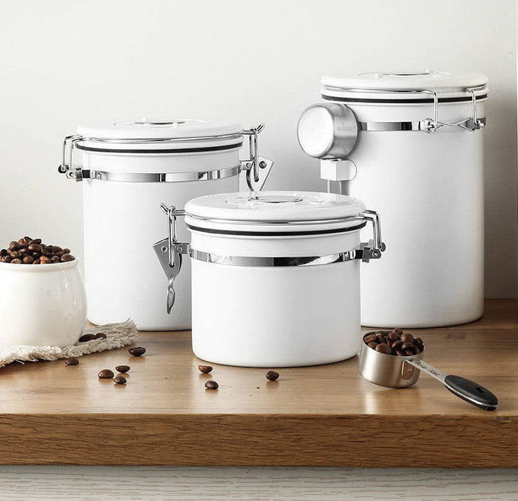 Stainless Steel Airtight Coffee Bean Storage with Spoon - 1.2L White