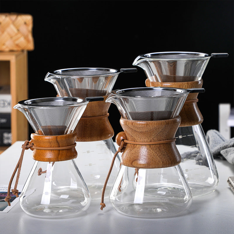 400ML Classic Glass Coffee Maker with Wooden Collar and Leather Strap