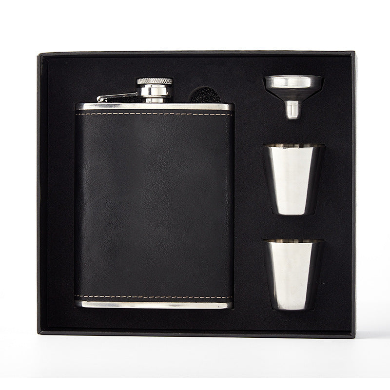 Black Leather covered stainless steel Hip Flask Gift Set