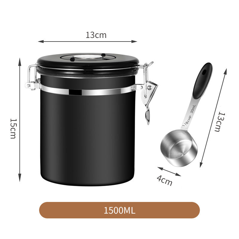 Black Airtight Coffee Bean Stainless Steel Storage with Spoon -1.5L