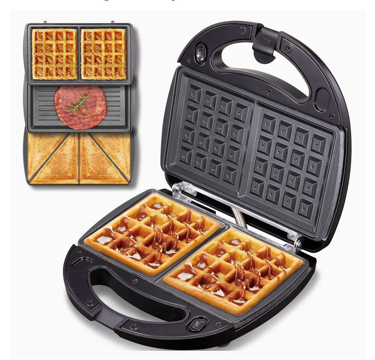 Multi-Function Breakfast Station, 3-in-1 Waffle, Sandwich, and Grill Maker 750W