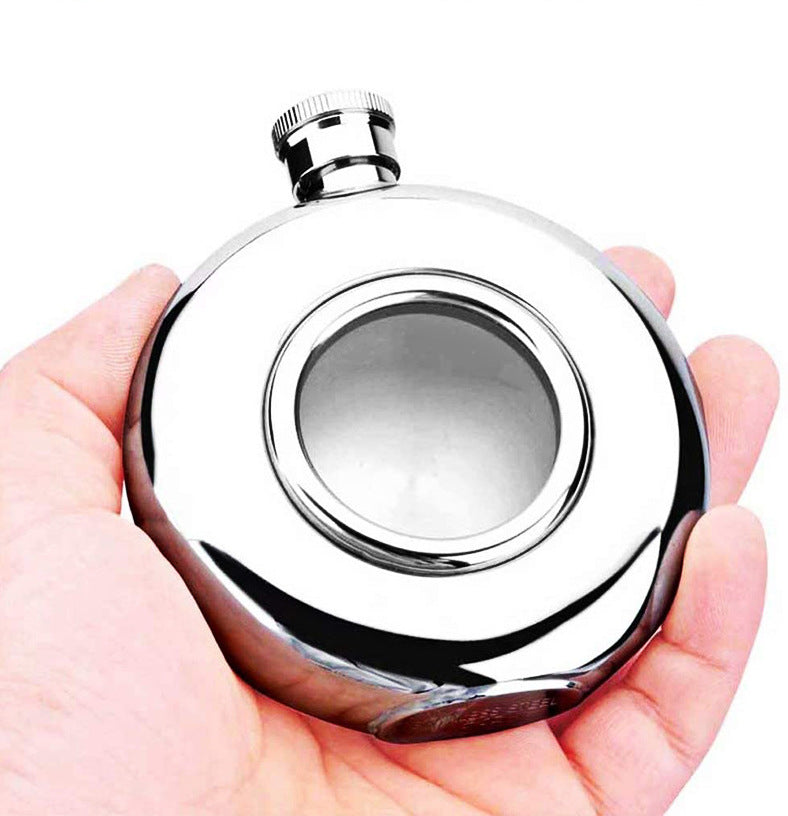 Rounded Shape Hip Flask Stainless Steel with Hollowed-out Glass 150ML