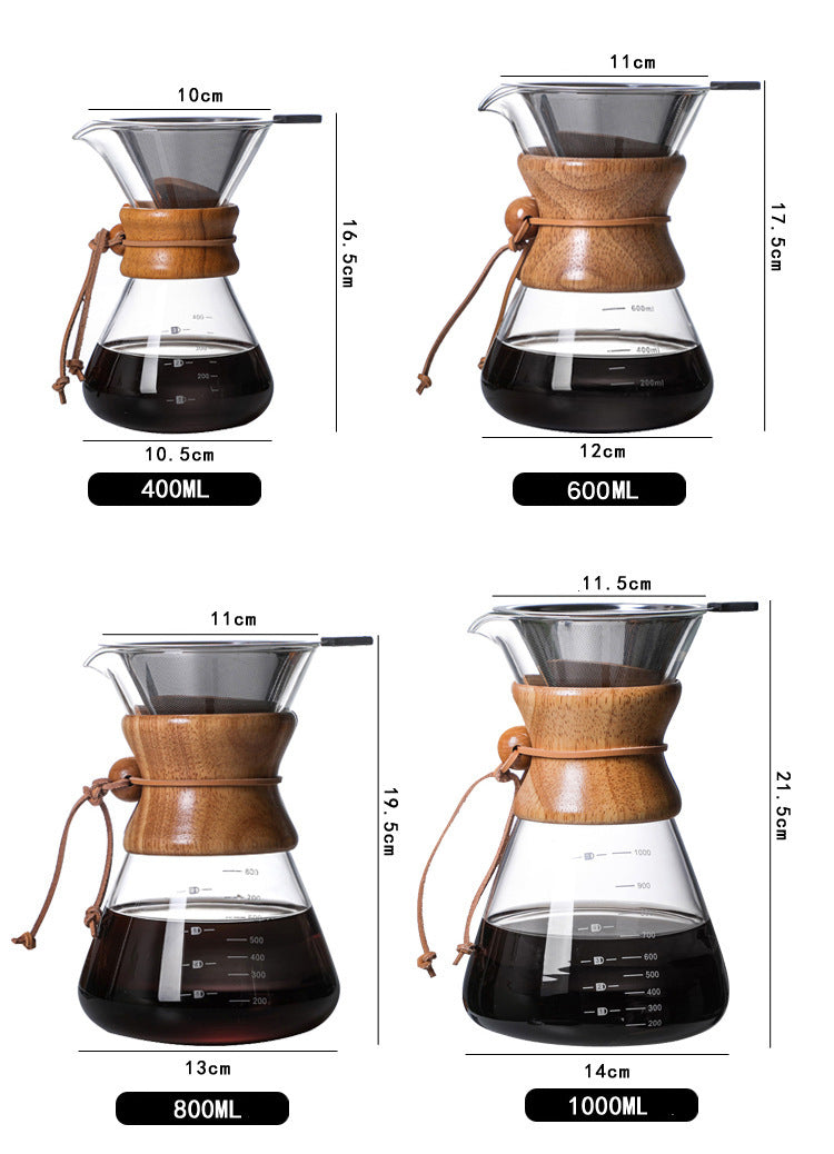 800ML Classic Glass Coffee Maker with Wooden Collar and Leather Strap