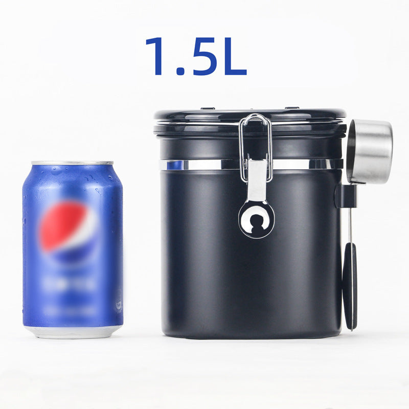 Black Airtight Coffee Bean Stainless Steel Storage with Spoon -1.5L