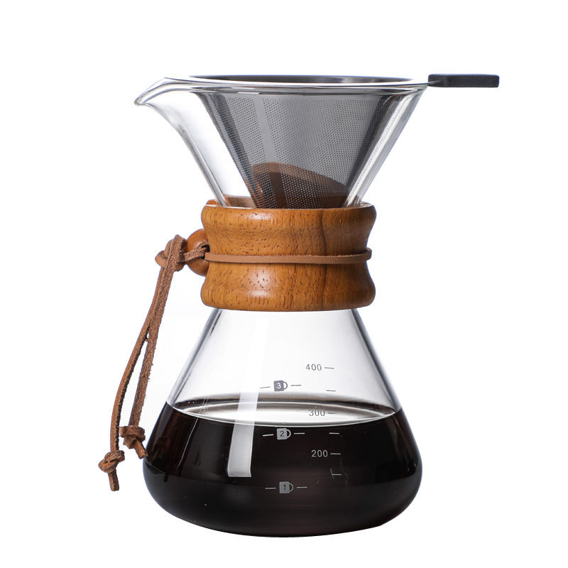 400ML Classic Glass Coffee Maker with Wooden Collar and Leather Strap