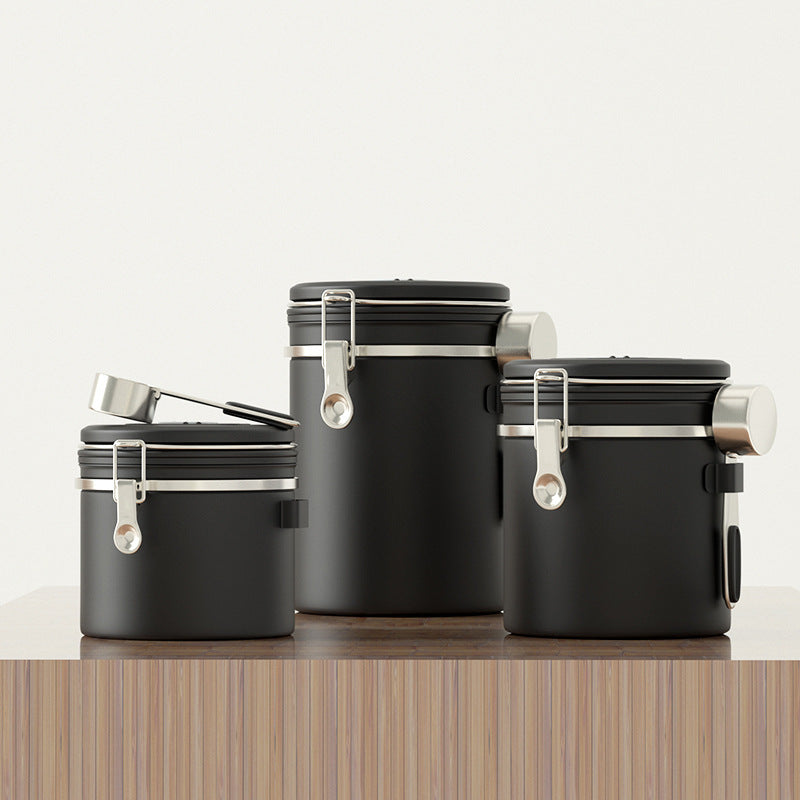 Stainless Steel Airtight Coffee Bean Storage with Spoon - 1.2L Black