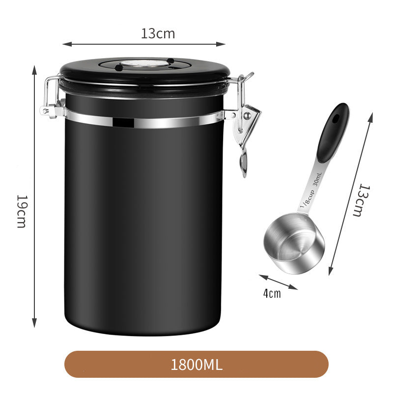 Black Airtight Coffee Bean Stainless Steel Storage with Spoon -1.8L