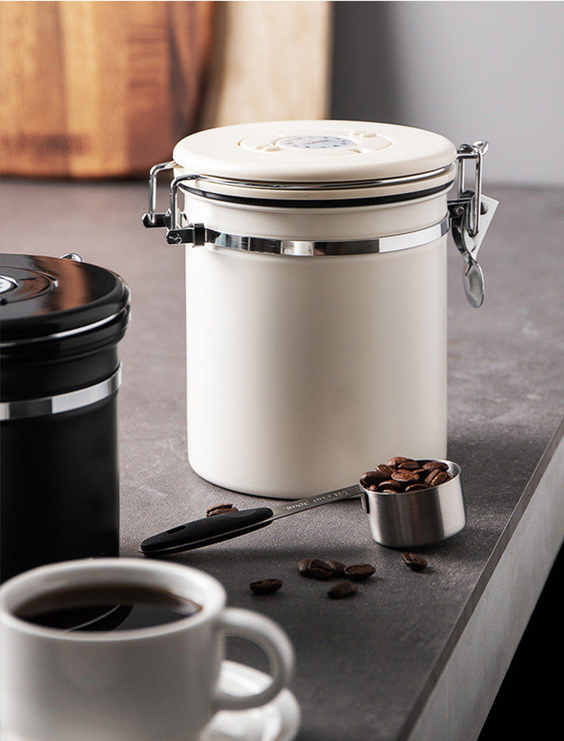 Beige Airtight Coffee Bean Stainless Steel Storage with Spoon -1.5L