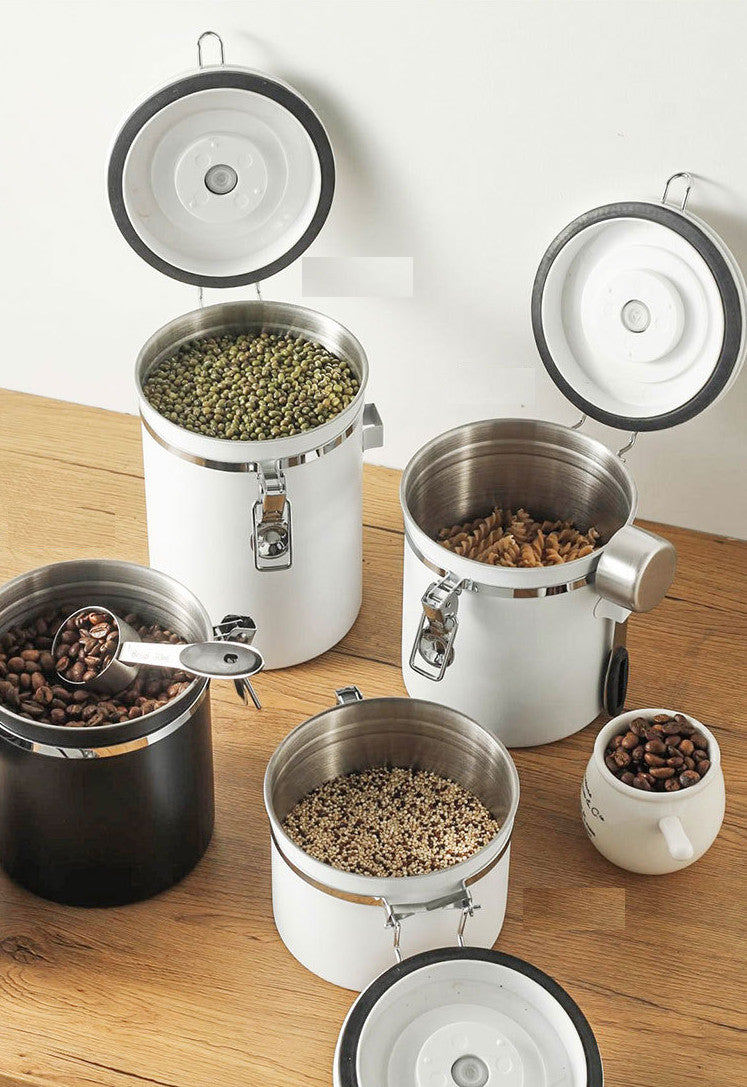 Stainless Steel Airtight Coffee Bean Storage with Spoon -- 1.5L White