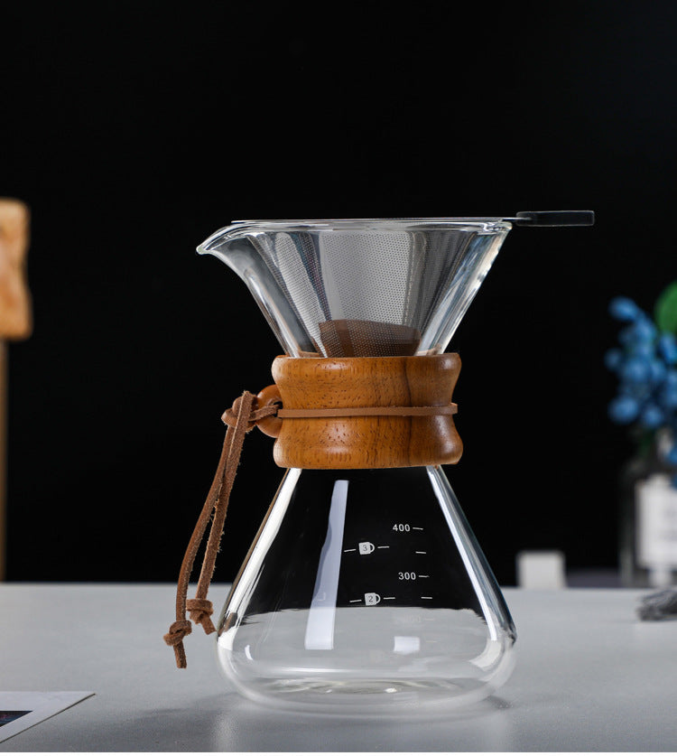 400ML Classic Glass Coffee Maker with Wooden Collar and Leather Strap