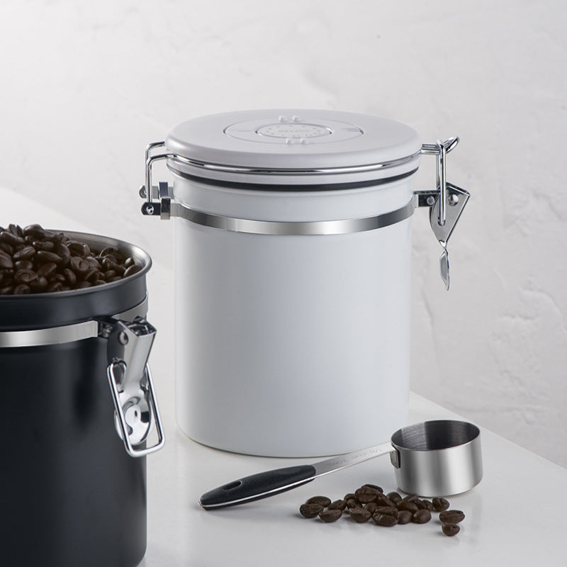 Stainless Steel Airtight Coffee Bean Storage with Spoon -- 1.5L White