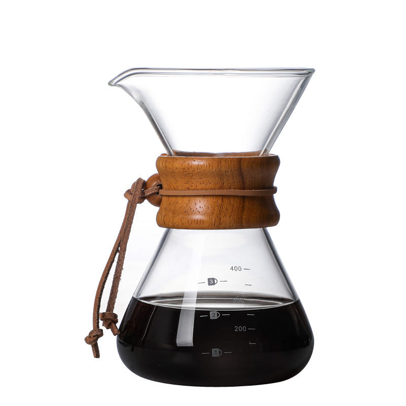 400ML Classic Glass Coffee Maker with Wooden Collar and Leather Strap