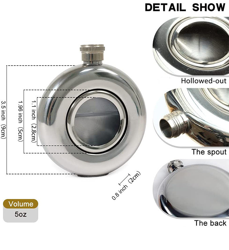 Rounded Shape Hip Flask Stainless Steel with Hollowed-out Glass 150ML