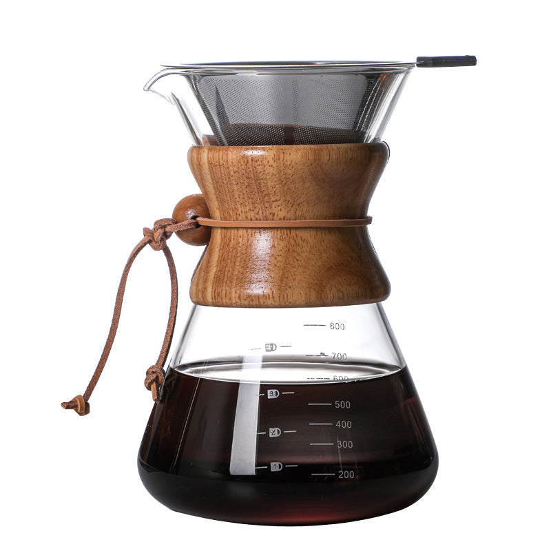 400ML Classic Glass Coffee Maker with Wooden Collar and Leather Strap