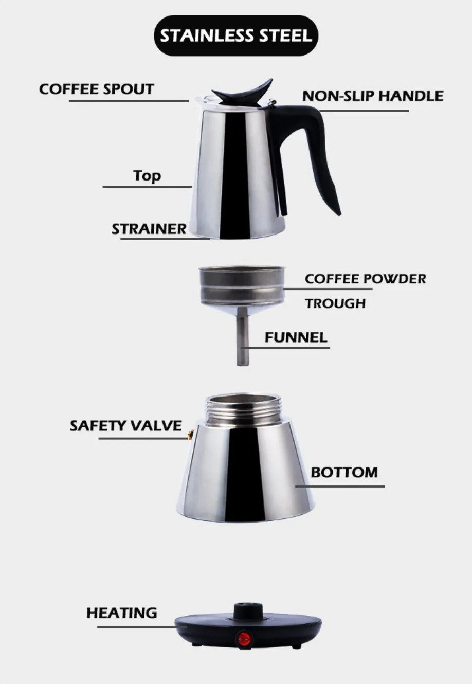 Electric Moka Pot stainless steel Electric Moka Express Coffee Maker 6-Cup 300ML